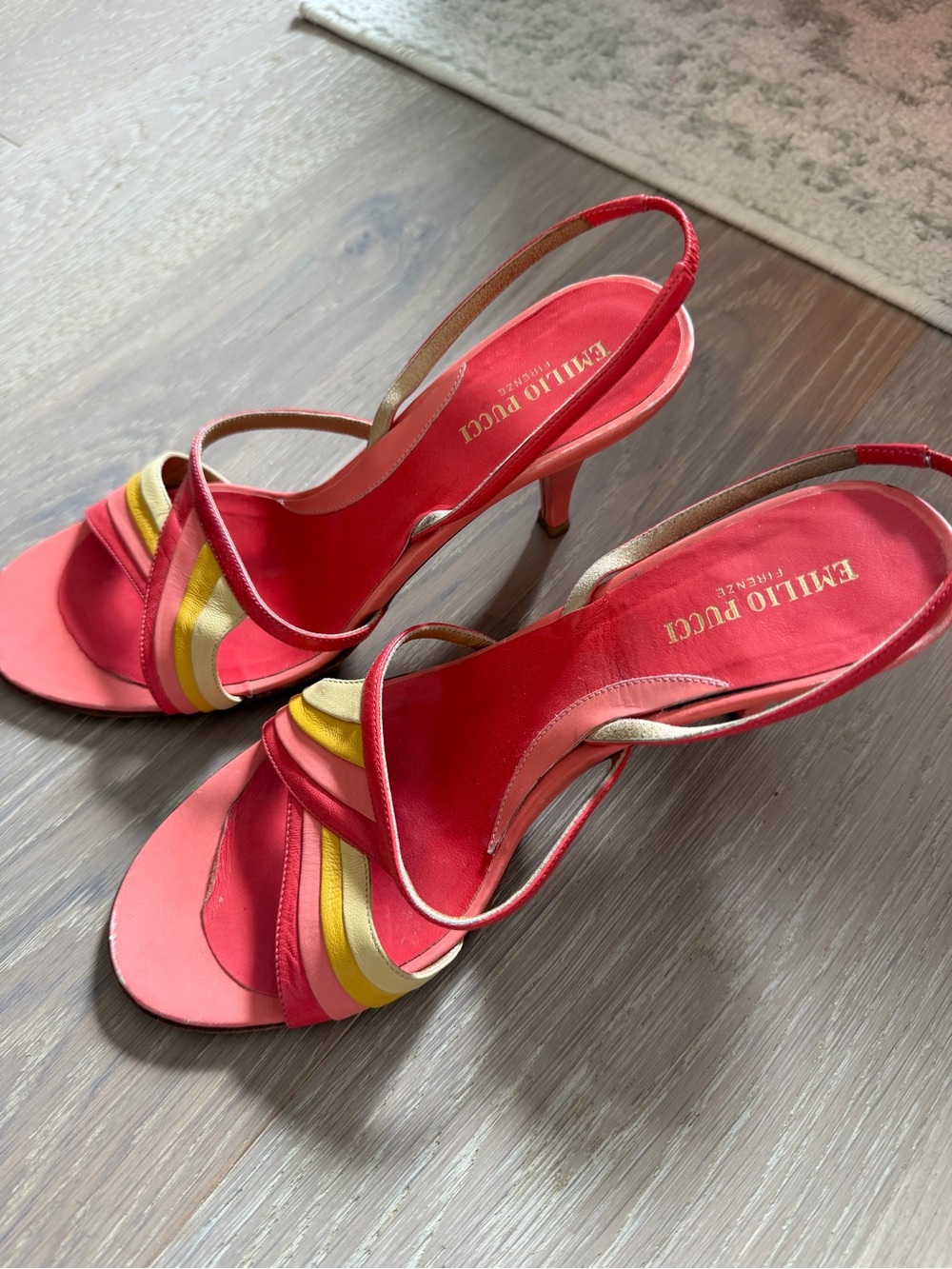 Emilio Pucci Coral Pink, Yellow & Cream Multistrap Slingback Heels